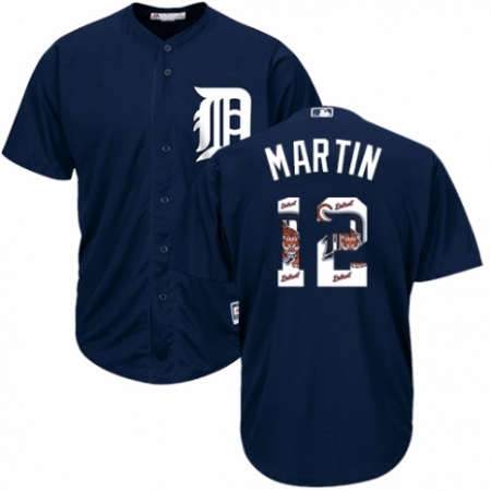 Men's Majestic Detroit Tigers #12 Leonys Martin Authentic Navy Blue Team Logo Fashion Cool Base MLB Jersey