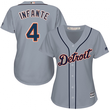 Women's Majestic Detroit Tigers #4 Omar Infante Authentic Grey Road Cool Base MLB Jersey