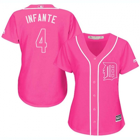 Women's Majestic Detroit Tigers #4 Omar Infante Authentic Pink Fashion Cool Base MLB Jersey