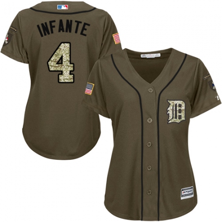Women's Majestic Detroit Tigers #4 Omar Infante Replica Green Salute to Service MLB Jersey